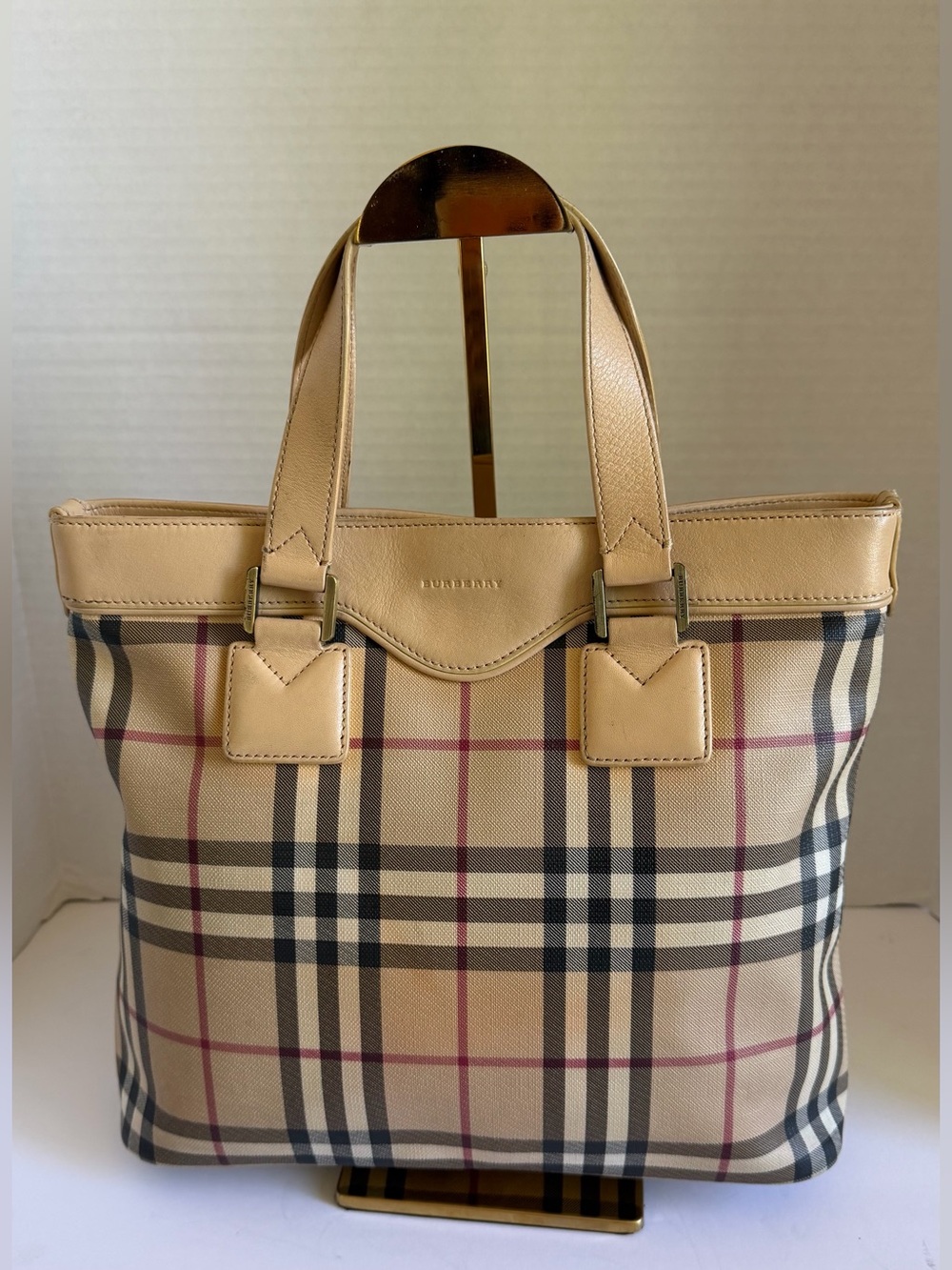 Burberry Beige Nova Check Leather-Trim Tote